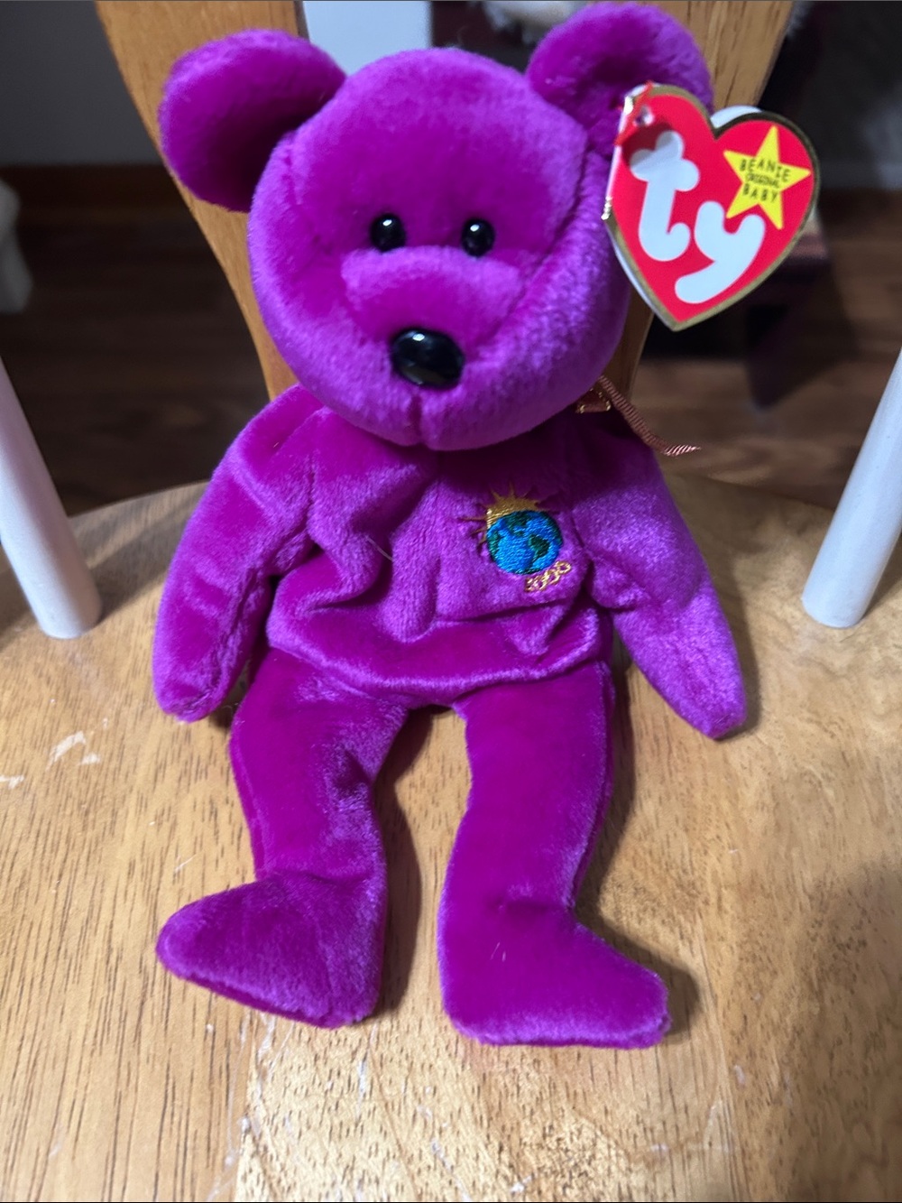 Ty Bright Purple Beanie Baby Bear with Embroidered Globe